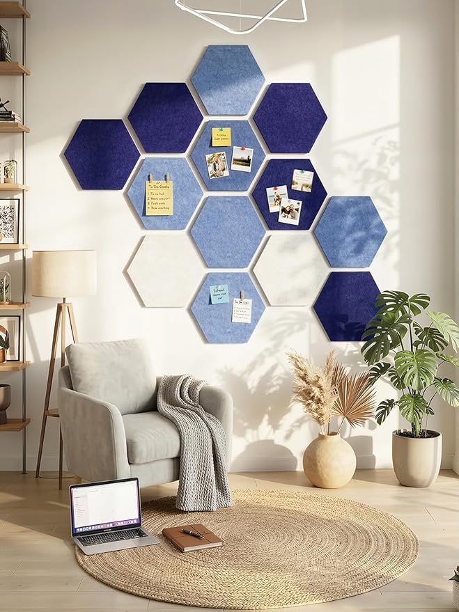 8 Pack Hexagon Felt Bulletin Board Tiles - 11.8" Large Thick Pin Board for Walls with 30 Push Pins, DIY Boards for Office Home School Decor, Aesthetic Hex Cork Board Alternative