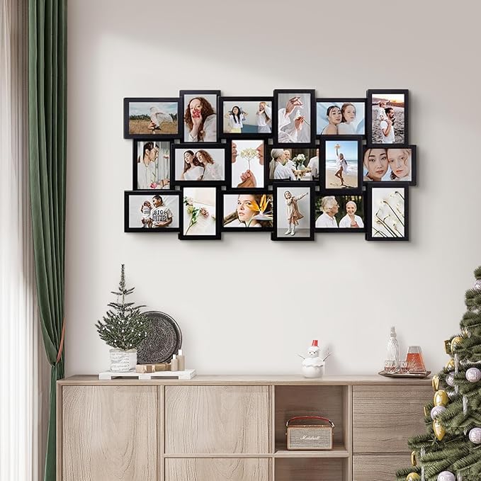 J.M.Deco Collage Picture Frames for Wall Decor, 18-Opening Reunion Family Friends Picture Frame Set, 4 x 6 Photo Frames for Living Room, Bedroom, Gallery Wall Hanging, Black