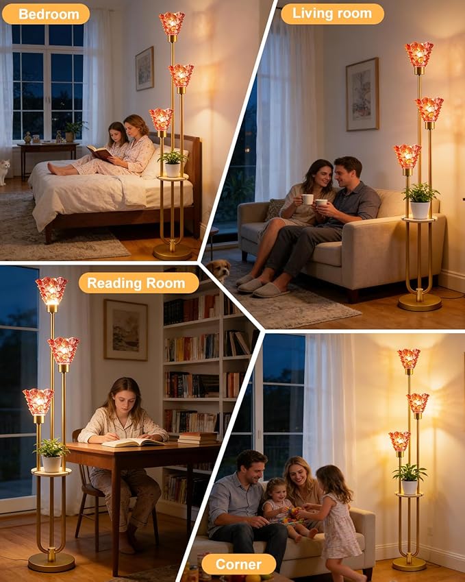 Lightdot Glass Floor Lamp with Shelf, 62IN Mid Century Modern Gold Floor Lamps with Rose Red Glass Shade& Warm White Bulbs Included, Standing Tall Lamp for Living Room/Wedding/Office