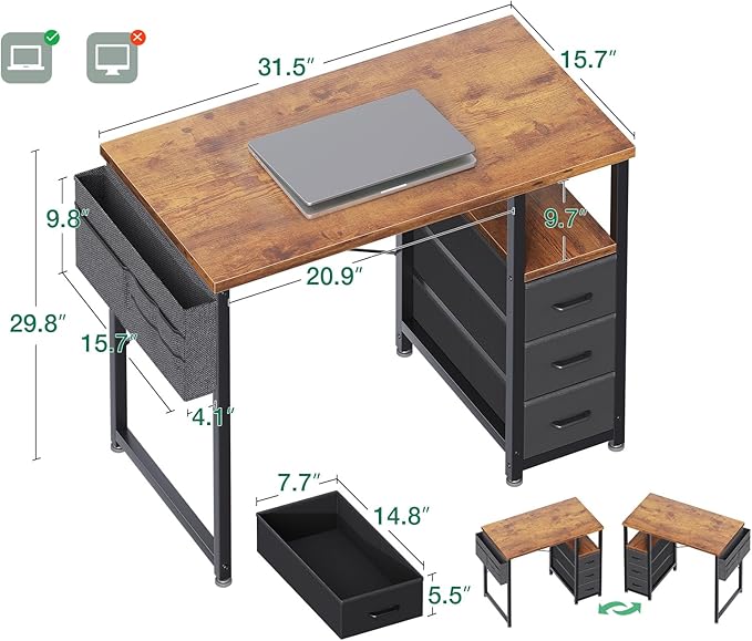 AODK 32" Small Computer Desk with Fabric Drawers, Kids Girls Teen Study Writing Desk for Bedroom, Home Office Desk with Storage Shelf & Bag for Small Space, Vintage