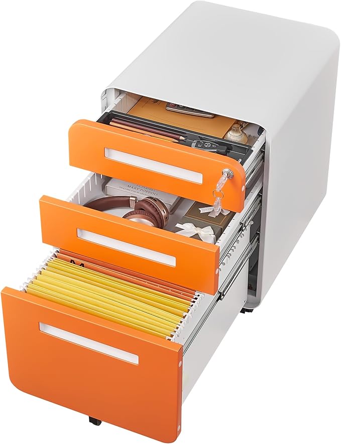 3 Drawer File Cabinet for Home Office, Under Desk Mobile Filing Cabinet with Lock for A4/Letter/Legal Size, 5 Wheel Anti-tilt Rolling File Cabinets, Fully Assembled
