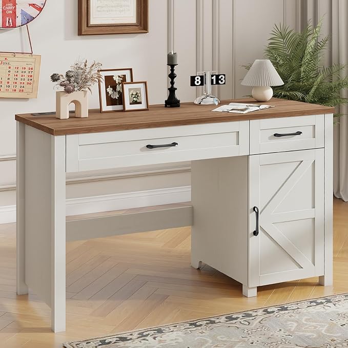 Vabches Farmhouse 47" Executive Desk, Computer Desk with Drawers and Storage Cabinet, Workstation Computer Desk for Home Office and Study.(Unique White)