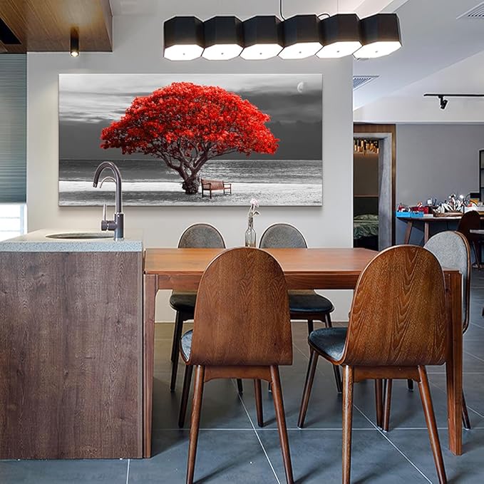 WapluamWall Decor Living Room Large Size Canvas Wall Art For Office Black White With Landscape Moon Wall Painting Red Trees Canvas Pictures Framed Artwork Bedroom Decor Home Decorations 30" X 60"