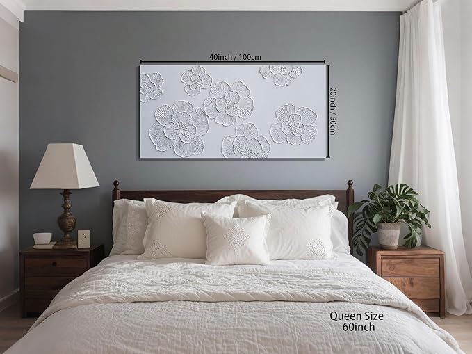 Arjun Flower Canvas Wall Art Textured Hand Painted Painting, Elegant Modern White Floral Picture for Living Room Bedroom Home Office Wall Décor, Large Framed Picture 40"x20"