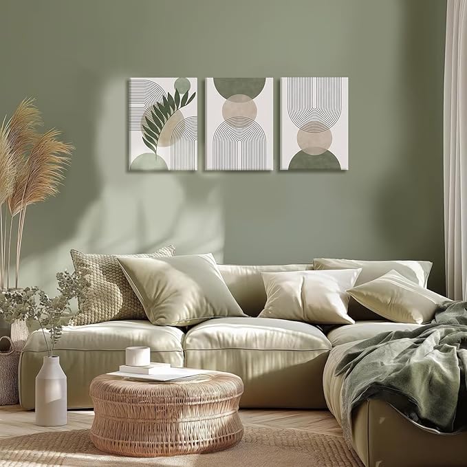 NCCXNCC 3Pcs Modern Geometric Canvas Wall Art Bohemian Style Green Abstract Wall Decor Art Minimalist Line Leaf Posters Print Suitable for Living Room Bedroom and Office Decoration 16x24 Inch Framed