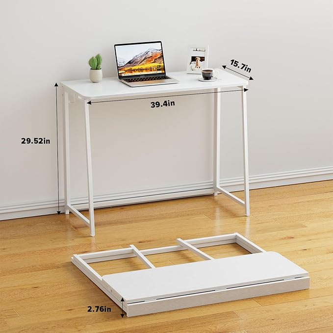 WOHOMO Folding Desk, Small Writing Desk 39.4", Space-Saving Foldable Laptop Table Writing Workstation for Home Office, Easy Assembly, White