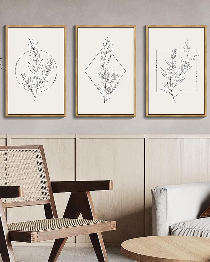 Drsoum Minimalist Flower Wall Art Vintage Wall Hanging Decor Black Line Botanical Prints Artwork for Bedroom Living Room Hallway 16x24in Natural Framed