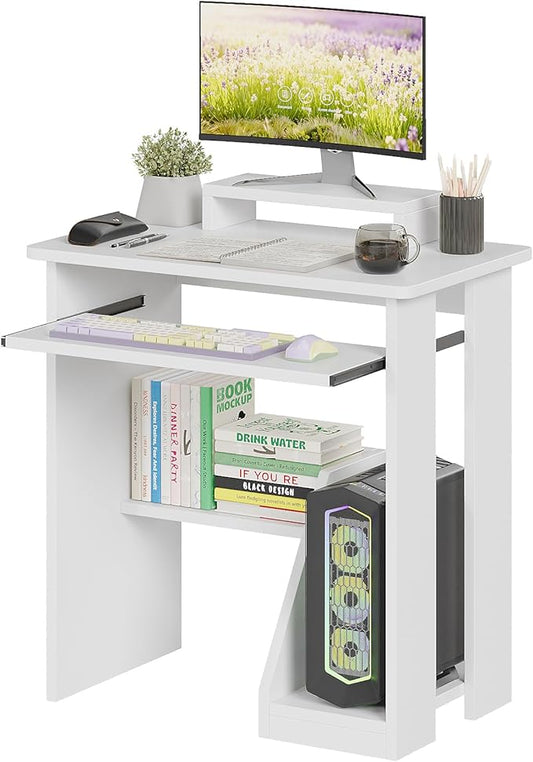 30" Small Computer Desk with Keyboard Tray Monitor Stand, Study Writing Desk with Storage Shelves, Modern Workstation for Small Spaces, Save Space, White