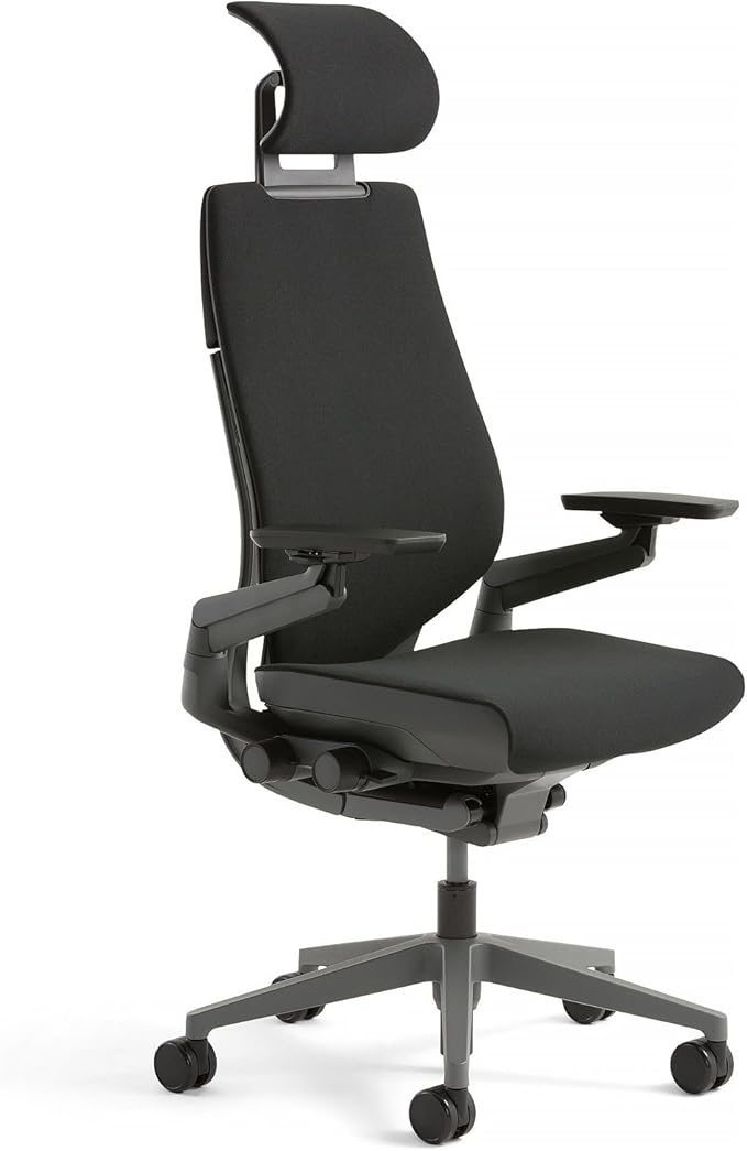 Steelcase Gesture Office Desk Chair with Headrest Cogent Connect Turmeric Fabric Low Black Frame Hard Floor Caster Wheels Hard Floor Caster Wheels