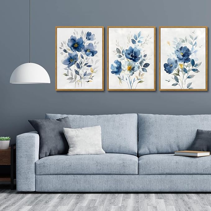 KISSFOX Framed Colorful Wildflower Blue Canvas Wall Art Set Of 3 Flowers Pictures Prints Flowers Printing Floral Watercolors Flower wall Decor Living Room Girls Bedroom Bathroom