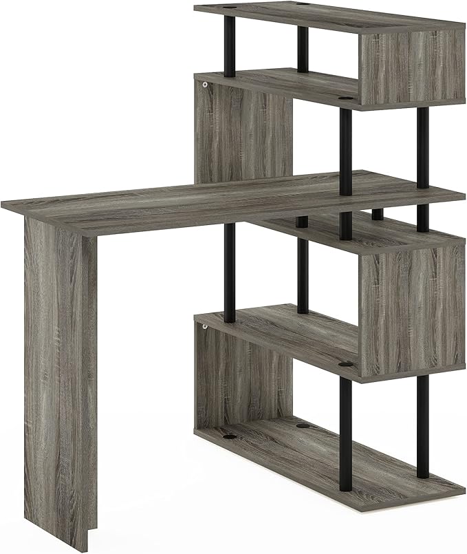 Furinno Classic Desk, 40" Wide L-Shape Gaming Desk, Computer Desk, Writing Desk with 5-Tier S-Shaped Side Shelves for Home Office, Study Room, Dorm, Bedroom, French Oak