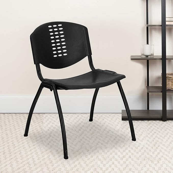 Flash Furniture 5 Pack HERCULES Series 880 lb. Capacity Black Plastic Stack Chair with Oval Cutout Back and Black Frame