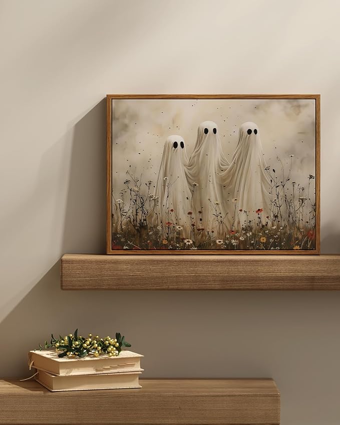 InSimSea Framed Canvas Prints Art Vintage Decor, Cute Ghosts in Wildflower Meadow Painting, Moody Spooky Halloween Fall Wall Art for Living Room Bedroom Bathroom Halloween Wall Decor, 12x16inch