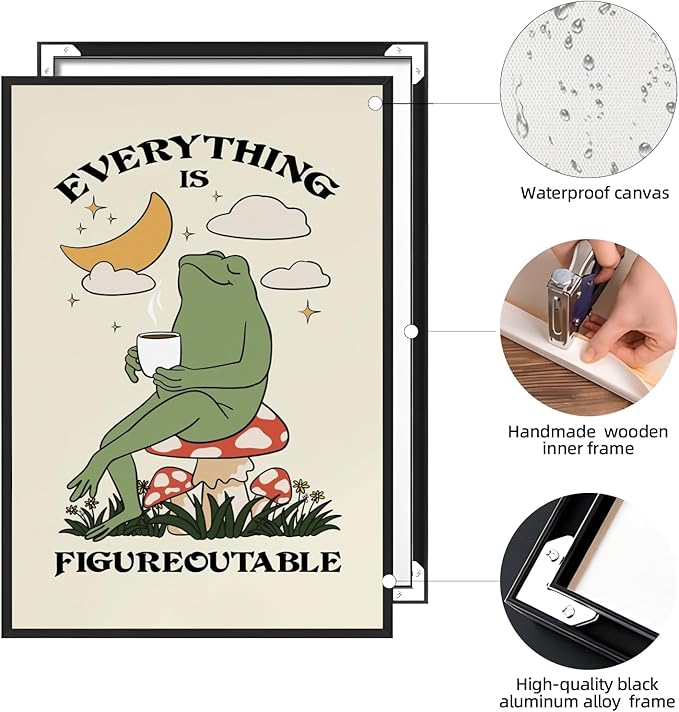 Everything Is Figureoutable Motivational Wall Art Funny Frog Coffee Inspirational Poster Positive Quote Daily Reminder Canvas Print Affirmation Wall Decor for Home Office 8x12inch Aluminum Framed