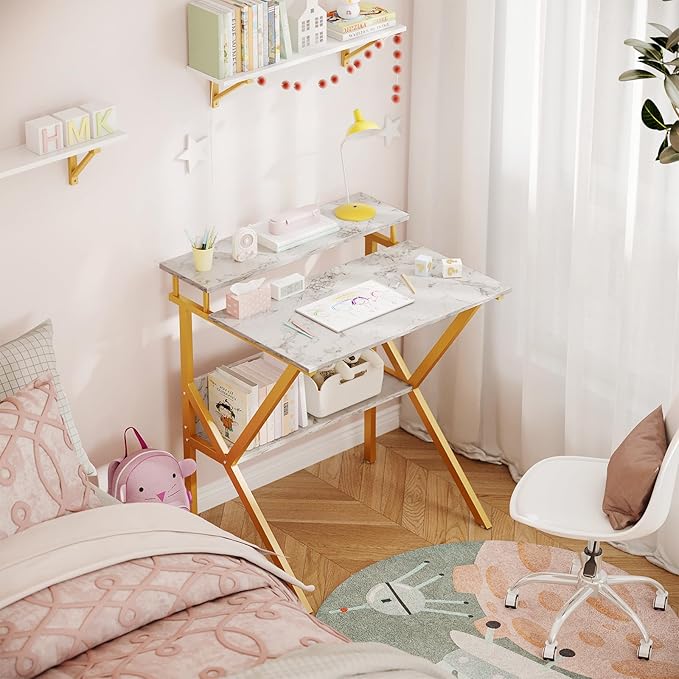 ODK Small Desk, 27.5 Inch Computer Desk for Small Spaces, Kids Desk with Storage, Study Table with Monitor Stand for Homeschool, White Marble + Gold Leg
