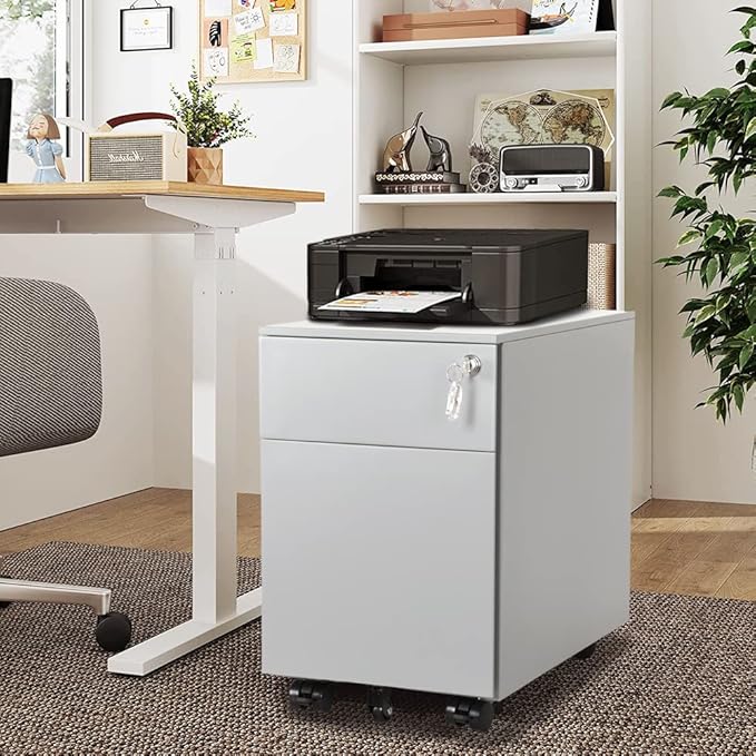 2 Drawer Mobile File Cabinet for Storage Under Desk in Home Office, Mobile File Cabinet, Metal File Cabinet with Lock, Legal/Letter /A4/F4 Size, Fully Assembled, Including Wheels, Grey