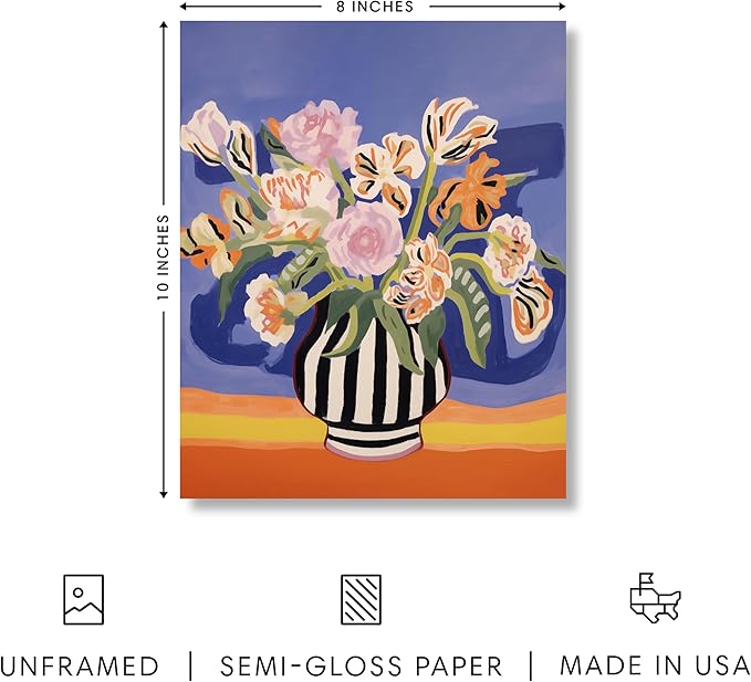 HAUS AND HUES Floral Art Wall Decor - Wildflowers Wall Art for Living Room, Floral Artwork for Bedroom Walls, Flower Painting for College Girls Dorm Room (Striped Vase, Unframed, 8x10)
