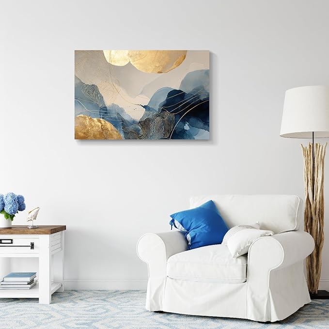 gaosoul Modern Blue Abstract Canvas Wall Art Oil Painting Gicless Prints with Gold Circles Flowing Watercolor Effects Dynamic Brushstrokes Artwork for Living Room Home Office Decor Framed 36x24in