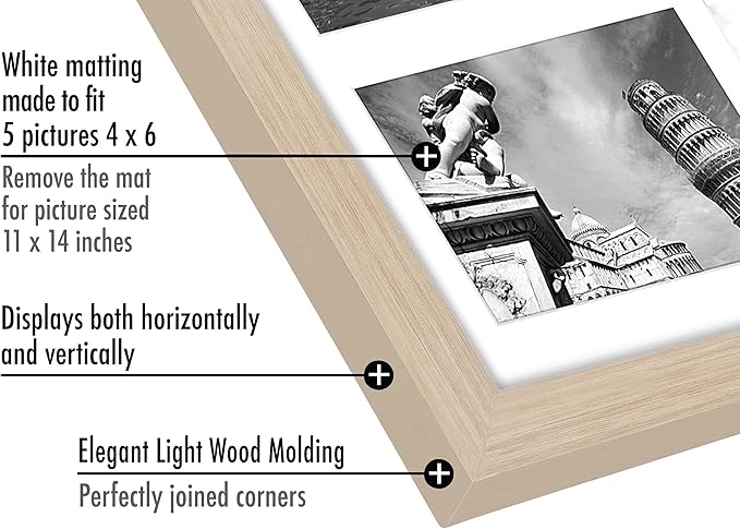 Americanflat 4x6 Collage Picture Frame with Shatter-Resistant Glass - Fits Five 4x6 Photos or Use as One 11x14 Picture Frame - Signature Collection - Collage Frames for Wall Display - Light Wood