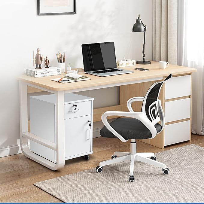 Mobile 2 Drawer File Cabinet with Lock, Wooden Under Desk Filing Cabinet with Wheels, Small Rolling Storage Cabinet for Home Office Organizer A4/Letter Size/Legal, White