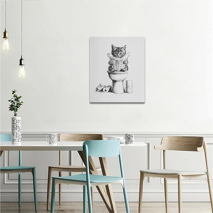 Cat Bathroom Wall Art Black and White Cat Pictures Wall Decor Funny Animal Canvas Painting Print Modern Home Decoration Artwork Framed 20"x24"