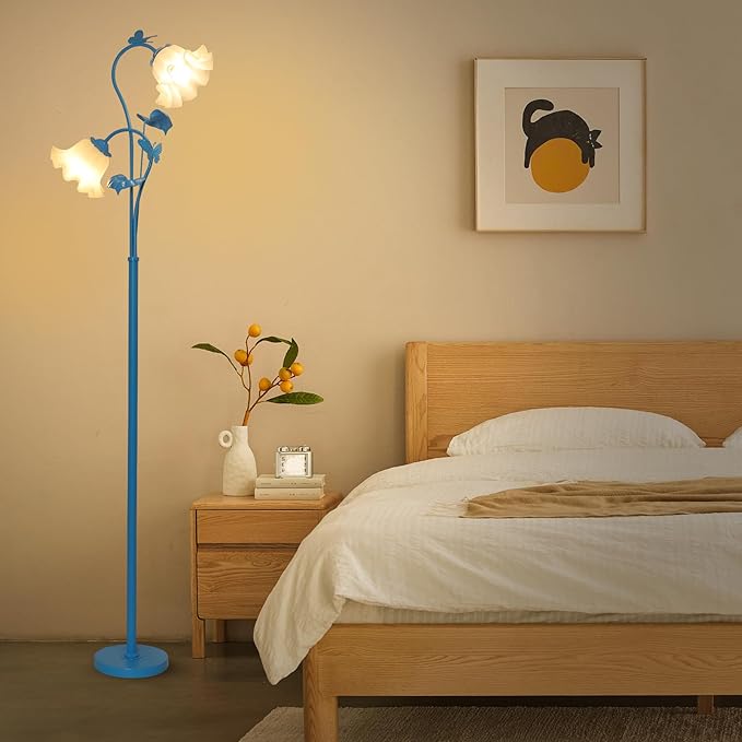 HMVPL Blue Floor Lamp for Living Room, Flower Standing Lamp with 2 LED 5W Blubs, Foot Switch, Floral Tall Lamp with Acrylic Shade, Antique Lotus Flower Floor Lamp for Living Room Office Reading