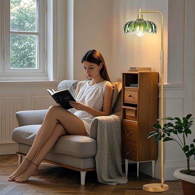 Glass Floor Lamp for Living Room, Dimmer Standing Lamp with Green Lampshade,66” Tall Lamp & Gold Floor Lamp for Bedroom Study Room,Brushed Gold LED Bulb Included (Flower Green Glass Shade)