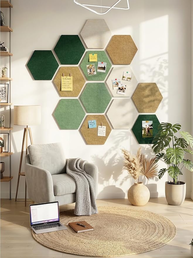 8 Pack Hexagon Felt Bulletin Board Tiles - 11.8" Large Thick Pin Board for Walls with 30 Push Pins, DIY Boards for Office Home School Decor, Aesthetic Hex Cork Board Alternative