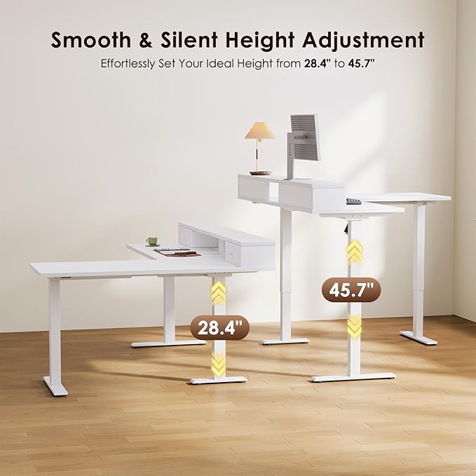 Casaottima 59 Inch Electric L-Shaped Standing Desk with Drawers, Height Adjustable Stand Up Corner Desk with Monitor Stand, Lift Table for Home, Office, Workstation, White