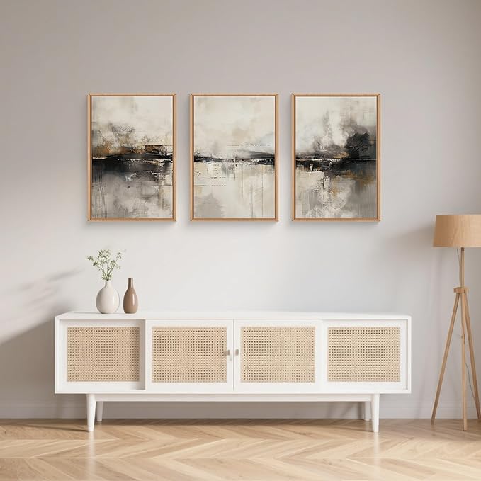 HOURIA Large Abstract Neutral Beige & Black Framed Canvas Wall Art Set,Modern Minimalist Brown Wall Decor,Textured Gray Tan Illustrations Artwork for Living Room, Bedroom, Farmhouse- 16"x24"x3