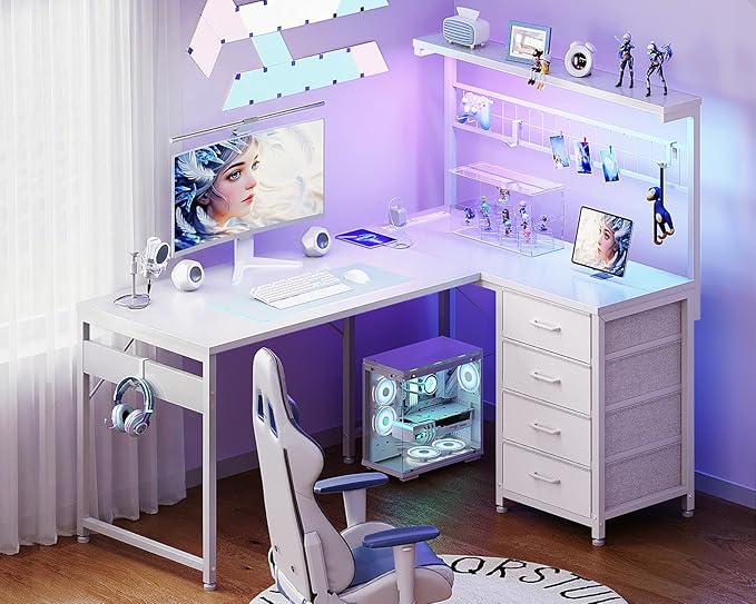 MOTPK 43” L Shaped Gaming Desk for Small Rooms, Compact Corner Computer Table with Shelf & Hutch, 4 Drawers, Reversible Study Table with LED Light, Power Outlets & USB Ports, Home Office Table, White