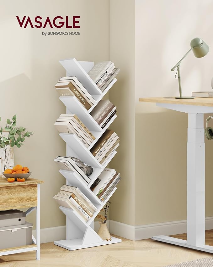 VASAGLE Custos Collection - Tree Bookshelf, Modern Bookcase, Floor Standing Book Shelf, for Bedroom, Living Room, Home Office, 7.9 x 15 x 45.4 Inches, Cloud White ULBC609W01