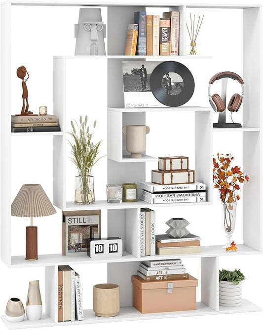 Giantex 7-Tier Geometric Bookshelf with Open Shelves, Modern Bookcase Display Shelf for Living Room Bedroom Study, Freestanding Storage Rack with Anti-Tip Kit, 49.5''L x 8.5''W x 59''H (White)