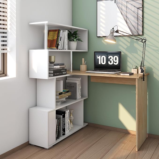 41.7" L Shaped Desk with 4-Tier Storage Shelves, Computer Corner Desk for Study Home Office Living Room (Oak and White)