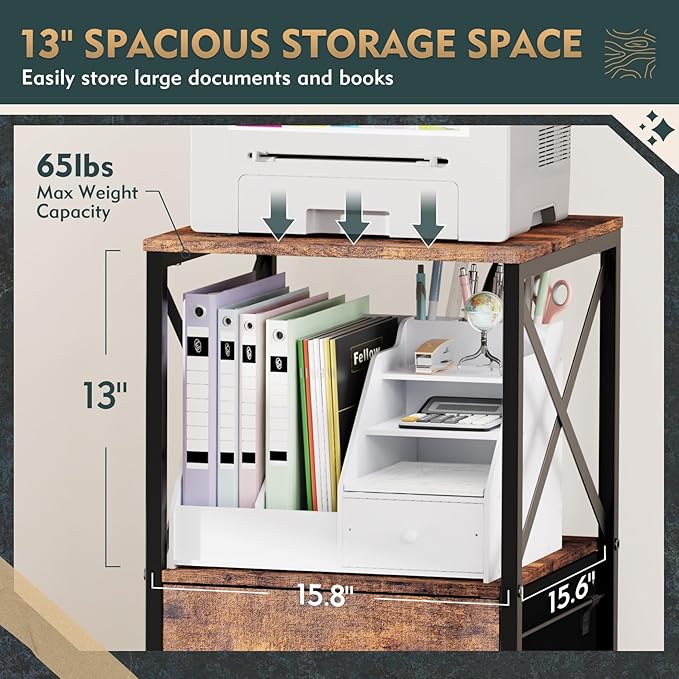 3 Drawers File Cabinet, Vertical Filing Cabinets for Home Office, Non-woven Fabric Drawer with Adjustable Hanging File Folders, A4/Letter Size, Open Shelf, Mobile Printer Stand, Rustic Brown