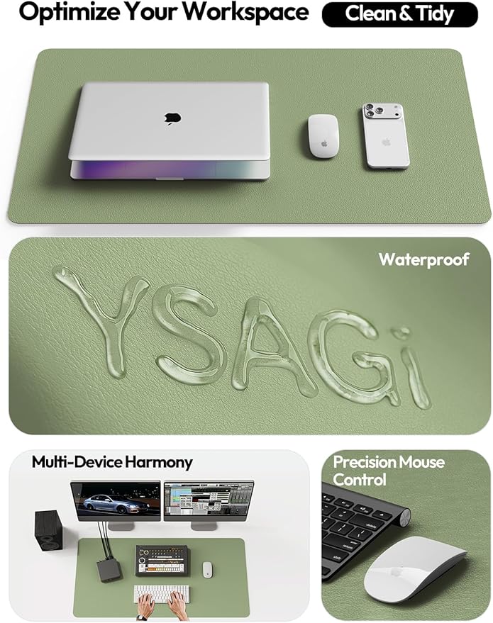 YSAGi Leather Desk Protector, Office Mat, Large Mouse Mat, Non-Slip PU Leather Blotter, Laptop Pad, Waterproof Writing Pad for Office and Home (Bamboo Green, 47" x 17")