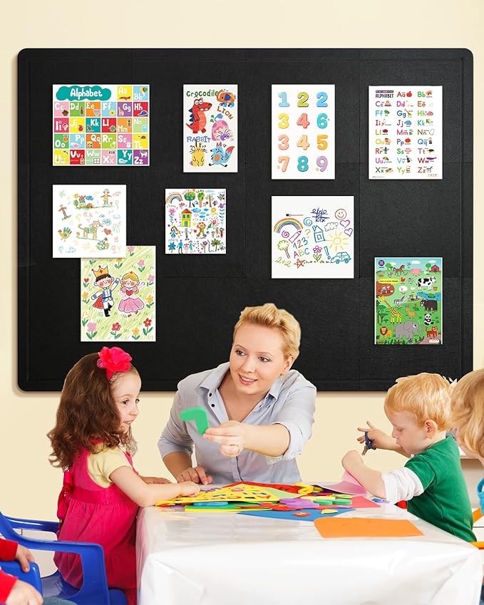 Bulletin Board, 48 x 36 inches Cork Board Alternative, 12 Pack 12"X12"X0.4" Felt Pin Boards for Walls Home Office Decor, Classroom with 60 Adhesive Tabs Black