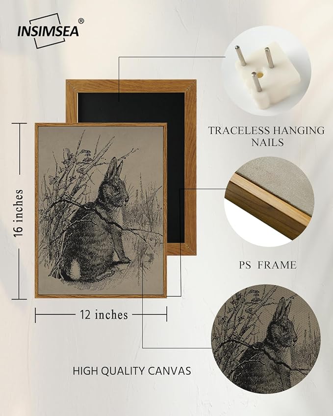 InSimSea Framed Canvas Prints Art, Easter Bunny Decor, French Country Farmhouse Decoration for Bedroom Living Room, Vintage Rabbit Pictures Cottage Decor, 12x16inch