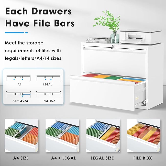 Pataku Lateral File Cabinet, 2 Drawer File Cabinet with Lock, White Filing Cabinets for Home Office, Metal File Cabinet for Hanging Files/Letters/Legal/A4(2Drawer/White)