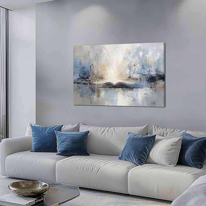 XRZ Abstract Wall Art – Blue and Beige Scripture Canvas – Christian Wall Decor for Living Room Bedroom Office – 36x24 Inch