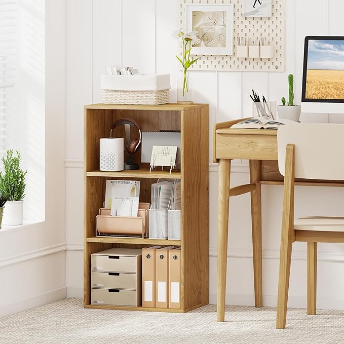 Giantex 3 Tier Bookcases Set of 2, Modern Book Shelves Cube Storage Organizer, Open Storage Cabinet Multi-Functional Home Office Bedroom Furniture Display Bookcases, Natural