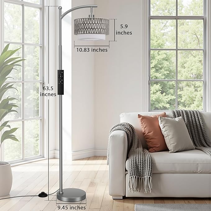 Ambimall Arc Floor Lamp for Living Room with Remote, Color Temperature & Brightness Adjustable, Boho Standing Lamp with Rattan & Fabric Double Drum Shades, Bulb Included(Deep Gray)