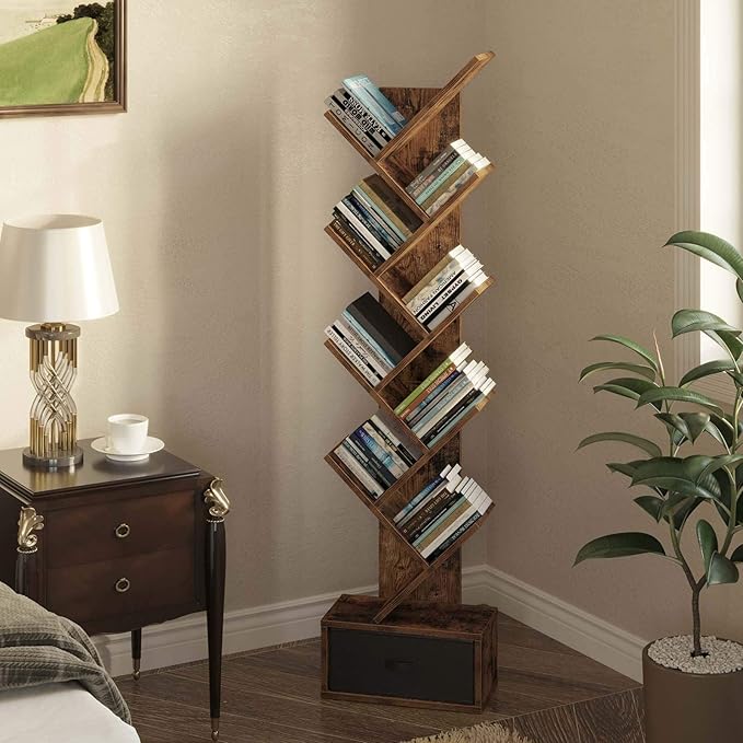 Rolanstar Tree Bookshelf with Drawer, 9 Shelf Bookshelf, Wooden Bookcase Storage Rack for CDs/Movies/Books, Corner Bookshelves, Utility Organizer Shelves for Living Room, Bedroom, Rustic Brown