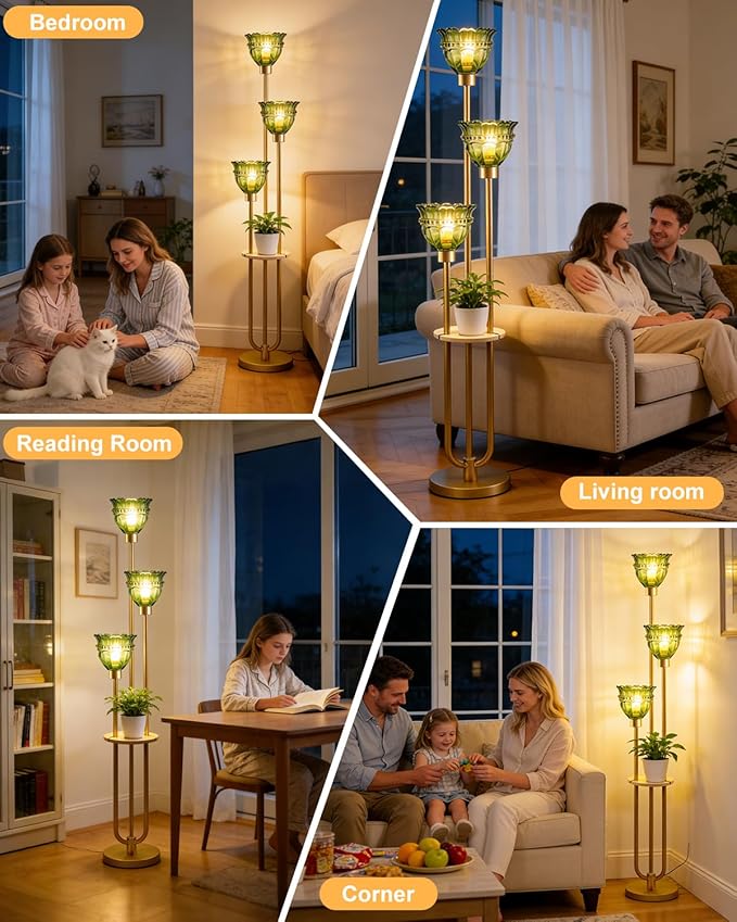 Lightdot 3-Lights Glass Floor Lamp for Living Room Mid Century Modern Gold Floor Lamp with Green Glass Shade & 3000K Bulbs Included Tall Standing Lamp for Bedroom/Sofa Beside/Corner Decor