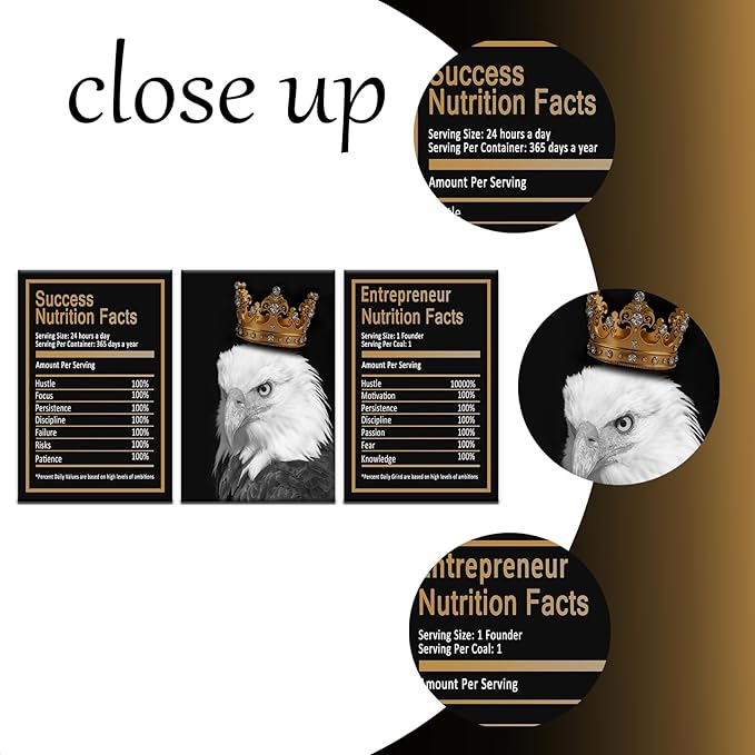Motivational Wall Art 3 Piece Black Eagle Entrepreneur Nutrition Facts Inspirational Poster Canvas Prints Artwork for Home Teens Room Office Painting Pictures Stretched and Framed [48''Hx24''W]