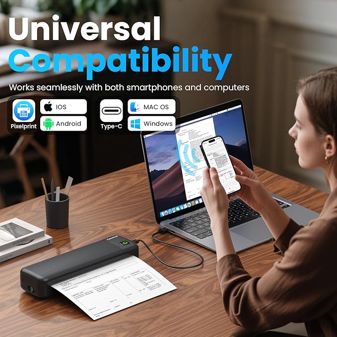 Portable Printer for Travel, Inkless Wireless Thermal Printer Compatible with iOS, Android, Laptop, Bluetooth Printers Supports 8.5"x11" US Letter for Office,Car,Home (Black)