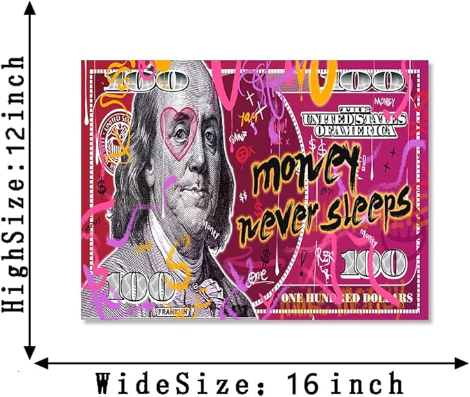 Red Dollars Bill Wall Art Canvas Print Office Decor Money Modern Art Entrepreneur Inspirational Motivational 100 Bill Benjamin Franklin Art for Living Room Bedroom Home, Ready to hang 12" W X 16"H
