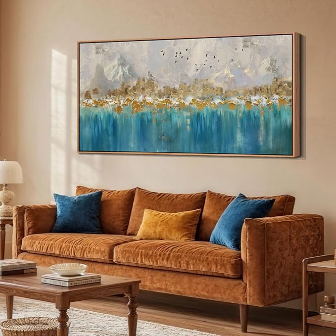 Arjun Framed Abstract Wall Art for Living Room Gold Blue Textured Extra Large Canvas Art Wall Decor Bedroom Painting, Modern Picture Grey Mountain Artwork Home Office Wall Decoration, 58"x29"