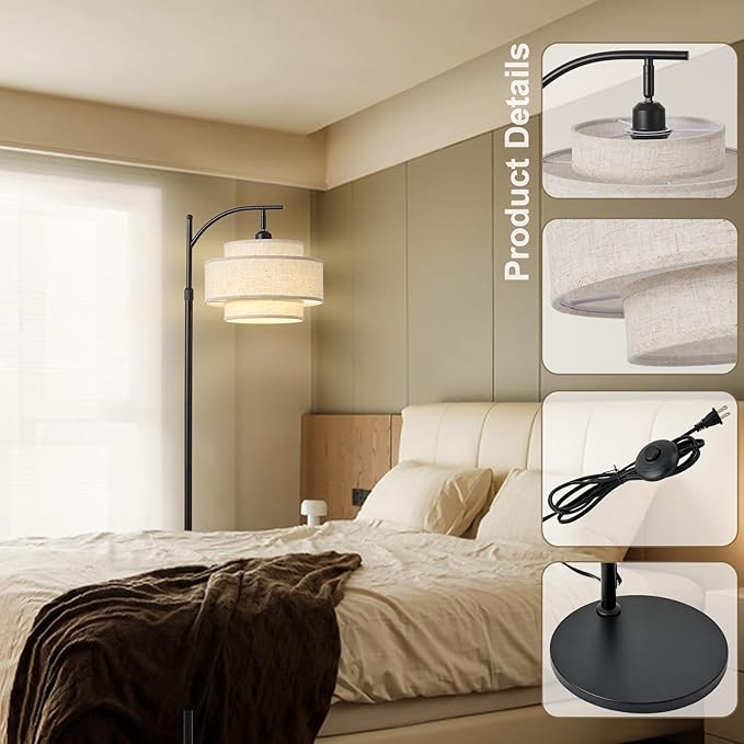 Arc Fabric Tall Floor Lamp with 3-Color Temperatures Remote & Dimmable 9W Bulb, Dimmable Floor Lamp with Remote Control, Standing Lamp with Fabric Shade for Living Room Bedroom Stair(3-Tier)