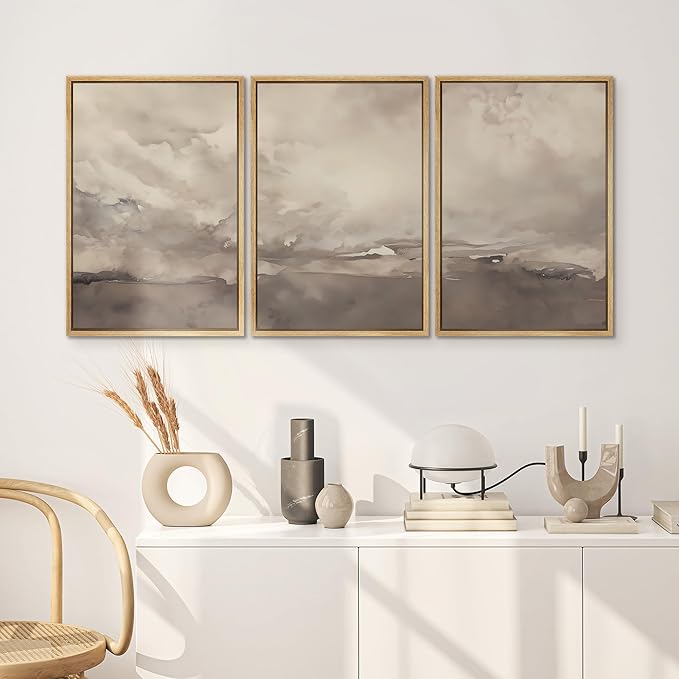 SIGNWIN Framed Canvas Print Wall Art Set Neutral Cloudy Sky Landscape Soft Beige and Taupe Illustrations Modern Art Decorative Relax/Zen Nordic for Living Room, Bedroom, Office - 24"x36"x3 Natural